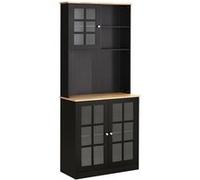 Armoire de cuisine multi-rangements 3 portes vitrine verre avec étagère 2 niches grand plateau MDF noir chêne
