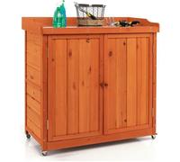 Armoire de Jardin en Bois de Sapin 98,5 x 48 x 100cm COSTWAY-Table de Jardinage,Etagère Amovible,2 Portes-4 Roues-Plateau Métal