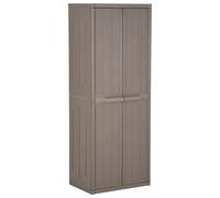 Armoire de jardin marron 65 x 45 x 172 cm en 100 % polypropylène aspect bois avec quatre compartiments, armoire polyvalente pour salon, couloir, cuisine et bureau, espace de rangement pratique et