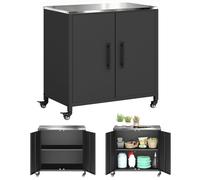 Armoire de jardin - Outsunny - Toit en Acier Inoxydable, Roulettes, Étagère Amovible - Métal - 80 x 50 x 90 cm - Noir