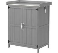Outsunny Armoire de Jardin en Bois abri de Jardin avec 2 Portes, Toit à charnières et étagère, Dessus en Acier Inoxydable, abri à Outils pour Balcon terrasse Patio, 74 x 43 x 88 cm, Gris