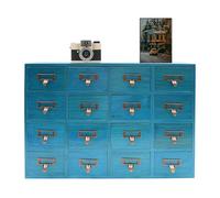 Armoire de rangement à 16 tiroirs en bois avec poignées en métal - Bleu vintage - Avec plateau de table - Pour bureau, maison, bijoux, herbes, petits objets