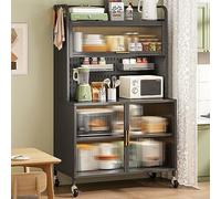 Armoire de rangement à 5 niveaux pour cuisine - Étagère noire avec fond de panier à monter soi-même, portes et accessoires anti-poussière - Parfait pour les étagères de cuisine et la décoration