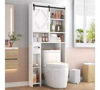 Armoire de rangement au-dessus des toilettes avec porte coulissante de grange de ferme, organiseur au-dessus de toilettes avec support pour papier toilette, derrière étagère de toilette, économiseur