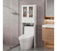 Armoire de rangement au-dessus des toilettes - Organiseur de salle de bain avec portes en verre et 2 tiroirs - Étagère peu encombrante pour salle de bain et buanderie - Solution de rangement élégante