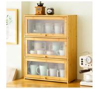 Armoire de rangement de cuisine à 3 niveaux en bambou, organisateur de comptoir autonome avec porte rabattable pour bols, tasses, bouteilles et assaisonnements