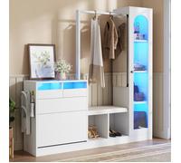 Armoire de rangement d'entrée, 6 en 1, avec vitrine, porte-manteau, banc à chaussures, armoire à chaussures, miroir pleine longueur