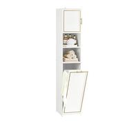 Armoire de rangement haute de salle de bain avec panier à linge, meuble moderne peu encombrant, élégant blanc et doré pour les essentiels de salle de bain