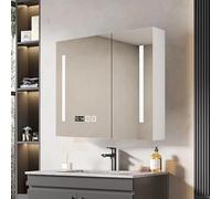 Armoire de Rangement Murale pour Salle de Bain avec Miroir, antibuée, Affichage de l'heure et de la température, Porte-Papier hygiénique, lumières LED, Gris 60 x 13 x 6 cm