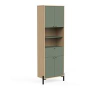 Armoire De Salle Bain avec Rangements, 4 Portes & 1 Tiroir Waterproof en Bois - Gamme Elisa Made in France - Coloris Vert Minéral & Chêne Vincenza - 64 x 201 x 33 cm