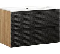Armoire De Salle De Bain 90 Cm Avec Lavabo Sky Noir Mat Chêne Huilé 3D
