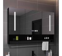 Armoire de salle de bain à LED avec miroir anti-buée et contrôle tactile, horloge à 3 niveaux, fixation murale, rangement de pharmacie, 100 x 80 x 13 cm, design élégant, noir, parfait pour les salles