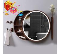 Armoire de salle de bain à LED avec miroir coulissant mural rond de 60 cm, finition noyer, solution de rangement élégante pour salles de bains modernes