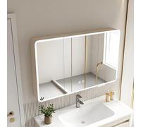 Armoire de salle de bain à LED, rangement intelligent de médicaments, miroir de maquillage avec verre HD, miroir de courtoisie lumineux, beige, 60 x 13 x 70 cm, design élégant et fonctionnel pour