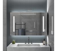 Armoire de salle de bain avec miroir anti-buée avec éclairage LED et rangement, armoire à pharmacie murale avec affichage de l'heure et options d'éclairage tricolore