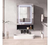 Armoire de salle de bain avec miroir, éclairage, 50 x 88 x 16 cm, avec multiprise, 3 températures de couleur, intensité variable, fonction désembuage, capteur tactile, étagères réglables, noire
