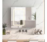 Armoire de salle de bain avec miroir, éclairage, 70 x 60 x 13,5 cm, avec multiprise, 3 températures de couleur, intensité variable, fonction désembuage, capteur tactile, étagères réglables, blanc