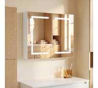 Armoire de salle de bain avec miroir et éclairage - 80 x 13,5 x 60 cm - 2 portes - Armoire de salle de bain avec éclairage et étagère - 3 couleurs de lumière à intensité variable et 3 étages