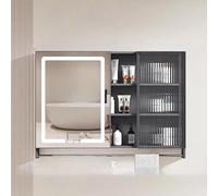 Armoire de salle de bain avec miroir gris clair avec éclairage LED, interrupteur à capteur tactile, anti-buée, 3 températures de couleur réglables, organiseur de rangement mural.
