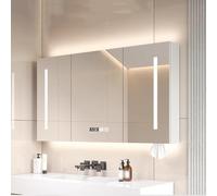 Armoire de Salle de Bain avec Miroir LED 80 x 70 cm, 3 Portes, antibuée, Affichage de l'heure, Fente pour essuie-Tout, Rangement Miroir en Bois IVH, Interrupteur Tactile et Prise de Courant.