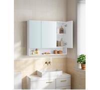 Armoire de Salle de Bain avec Portes Miroir, Compartiment Ouvert, Étagères Réglables, 16,5 x 90 x 75 cm, Blanc Nuage