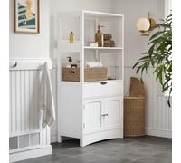Armoire de salle de bain avec tiroir, 2 compartiments Ouverts, 2 Portes, 60 x 32.5 x 122 cm, Blanc Blanc