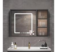 Armoire de salle de bain en bois à suspendre avec éclairage LED HD Miroir fin pour salle de bain Miroir de maquillage porte 3 couleurs lumière design peu encombrant (70 x 14 x 70 cm)