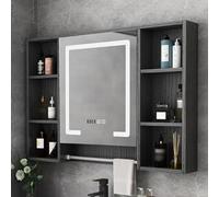 Armoire de salle de bain en bois massif avec miroir LED et fonction anti-buée, rangement mural avec étagère ouverte et barre de serviette, affiche l'heure et la température pour plus de commodité
