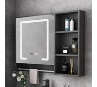 Armoire de salle de bain en bois massif avec miroir LED et fonction anti-buée, rangement mural avec étagère ouverte et barre de serviette, affiche l'heure et la température pour plus de commodité