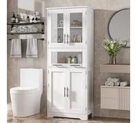 Armoire de salle de bain haute autoportante avec portes en verre et étagères réglables, 5 étagères, 4 portes, blanche, 67 x 30 x 170 cm