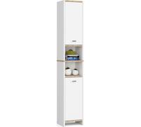 Armoire de salle de bain indépendante : deux portes, quatre étagères, couleur : blanc, dimensions du meuble : l : 32 cm, H : 180 cm, P : 28 cm.