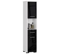 Armoire de salle de bain indépendante : un tiroir, deux portes, cinq étagères, couleur : blanc | noir brillant, dimensions du meuble : l : 30 cm, H : 140 cm, P : 30 cm