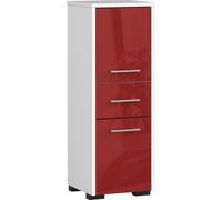 Armoire de salle de bain indépendante : un tiroir, deux portes, trois étagères, couleur : blanc | rouge brillant, dimensions du meuble : l : 30 cm, H : 85 cm, P : 30 cm