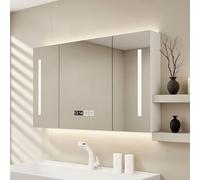 Armoire de salle de bain intelligente à LED avec miroir anti-buée, lumière tricolore, interrupteur tactile, affichage de l'heure et de la température, support de papier, blanc, 90 x 13 x 70 cm