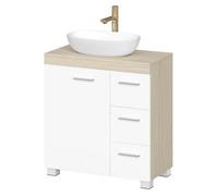Armoire de Salle de Bain, Meuble Sous Lavabo avec Pieds, 2 Compartiments et 3 Tiroirs, Blanc et Beige