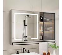 Armoire de salle de bain moderne avec miroir, fixation murale, antibuée, contrôle tactile, 3 couleurs réglables, 2 portes et étagères, 70 x 13 x 75 cm, design élégant blanc/noir, parfait pour les