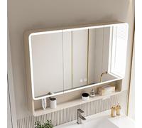Armoire de salle de bain moderne avec miroir LED, anti-buée, étagère ouverte, montage mural, beige, 89,9 cm - Solution de rangement élégante pour les petits espaces, design élégant et fonctionnel.