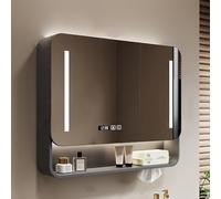 Armoire de salle de bain moderne avec miroir rectangulaire en acier au carbone 3 couleurs et anti-buée Slim à suspendre avec affichage de l'heure et de la température Gris 80 x 13 x 70 cm