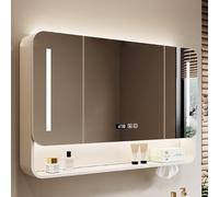 Armoire de salle de bain moderne en acier au carbone avec miroir rectangulaire et éclairage tricolore anti-buée Affichage de l'heure et de la température Marron 100 x 13 x 70 cm