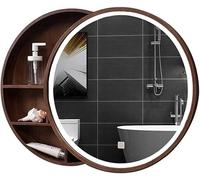 Armoire de salle de bain murale en bois avec miroir rond, lumière LED et étagère de rangement, solution élégante pour économiser de l'espace pour salles de bains modernes