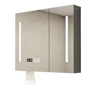 Armoire de salle de bain murale mince avec lumières LED - Miroir en bois avec éclairage 3 couleurs - Miroir de maquillage avec étagère - Désembuage intelligent et affichage de l'heure.