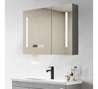 Armoire de salle de bain murale moderne avec miroir, rangement intelligent, désembueur, variateur d'intensité, affichage de l'heure, gain de place, pour salles de bains étroites