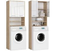 Armoire pour machine à laver 64x30x180cm - Meuble SDB- Meuble de rangement buanderie 2 portes et 4 étagères - Sonoma+Blanc laqué