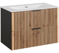 Armoire de salle de bain sous lavabo 80 cm lattes chêne wotan gris + lavabo