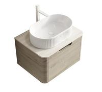 Armoire de salle de bain suspendue de 60 cm avec bac en céramique ovale, avant incurvé et tiroir à fermeture amortie, meuble de salle de bain pré-monté en chêne crème