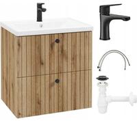 Armoire de salle de bains avec lavabo 60x85 cm chêne evoke, lamella, mitigeur de bain noir et siphon Lily