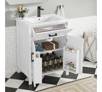 Armoire de salle de bains avec lavabo, étagère à deux portes & tiroirs, étagères réglables, lavabo en céramique, entièrement blanc