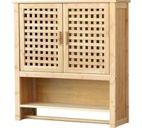 Armoire de salle de bains Borlänge Armoire murale en bambou Armoire suspendue avec porte-serviettes Armoire de salle de bains 3 étagères, 2 portes debout 66 x 62 x 20 cm