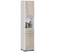 Armoire de salle de bains indépendante : un tiroir, deux portes, cinq étagères, couleur : blanc | cappuccino brillant, dimensions du meuble : l : 30 cm, H : 140 cm, P : 30 cm