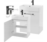 Armoire de salle de bains suspendue 60x50cm blanc brillant avec mitigeur, siphon et soft close